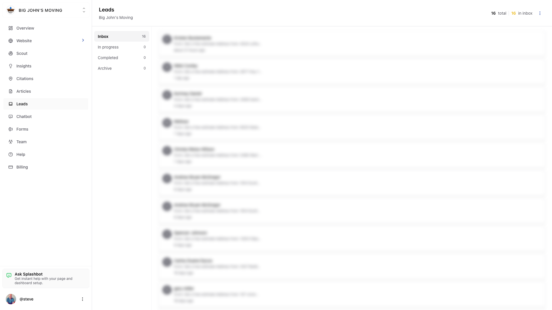SplashyPages lead management: forms, inbox, and lead capture in one dashboard