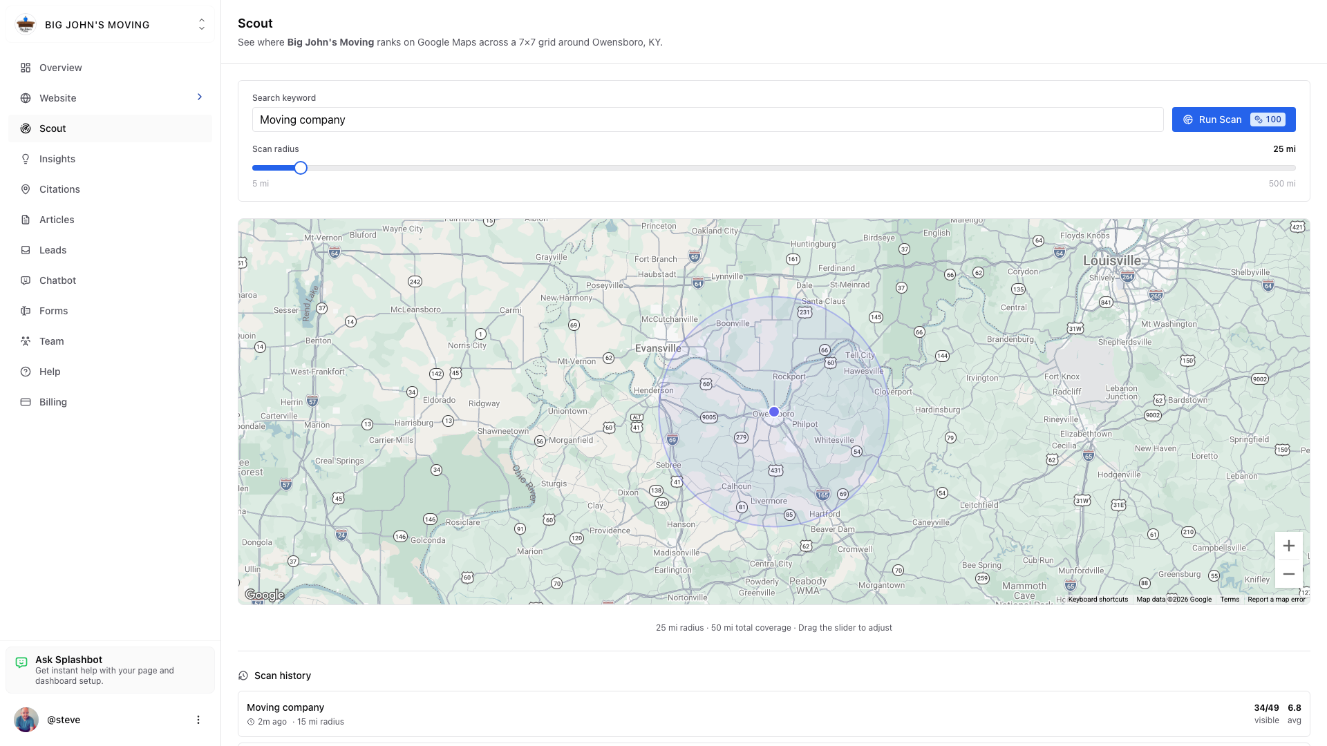 Person at a desk viewing Scout’s local SEO heatmap with Google Maps ranking grid on screen