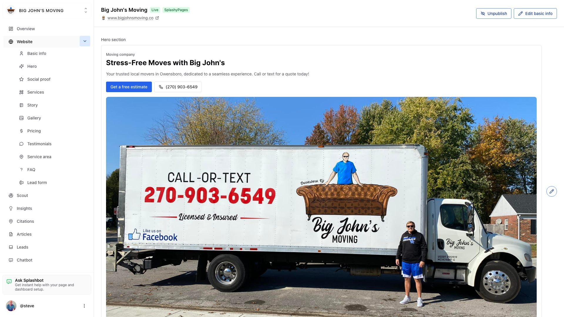 SplashyPages dashboard for managing your website, social posts, and business presence in one place
